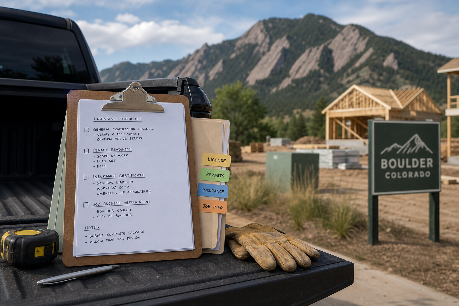 A Boulder contractor checks a city-limit job address, permit notes and license documents before starting permitted work.