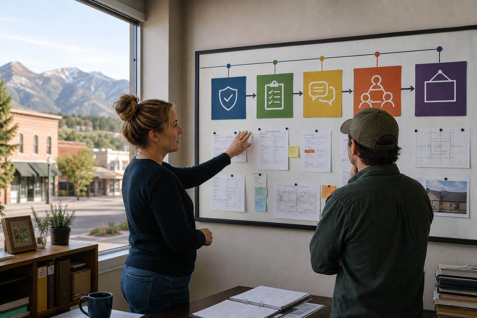 Colorado small-business owner reviewing a recovery timeline board for safety, records, communication, dependencies and reopening.