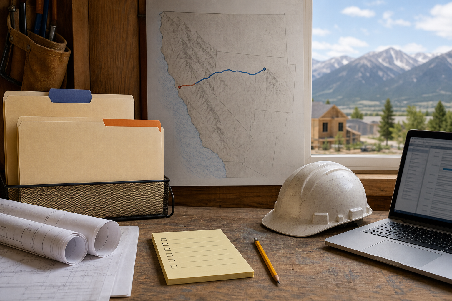 A contractor compares Colorado business records with California licensing checkpoints beside plans and a route sketch.