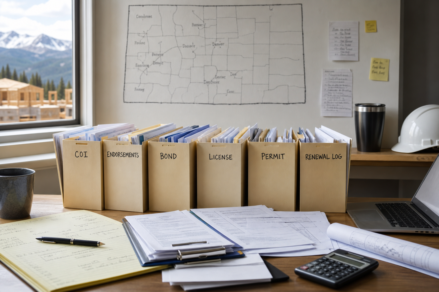 Colorado contractor document folder with insurance certificate, bond, license and permit tabs.
