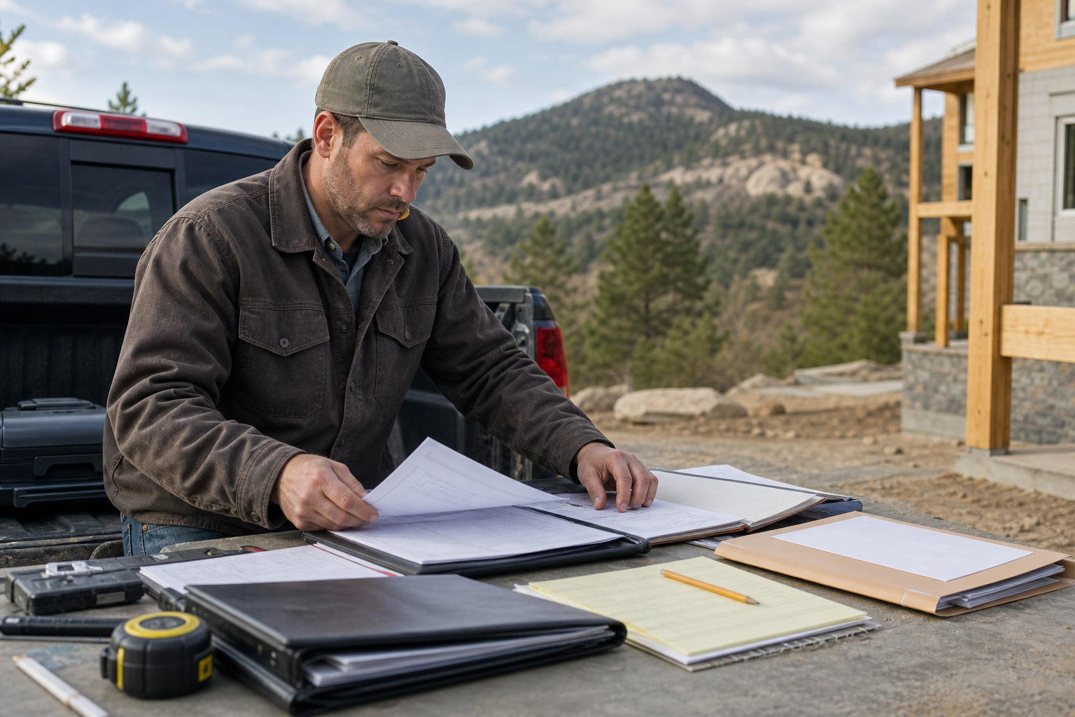 Contractor reviews a Colorado job address, permit notes and local licensing checklist before starting work.