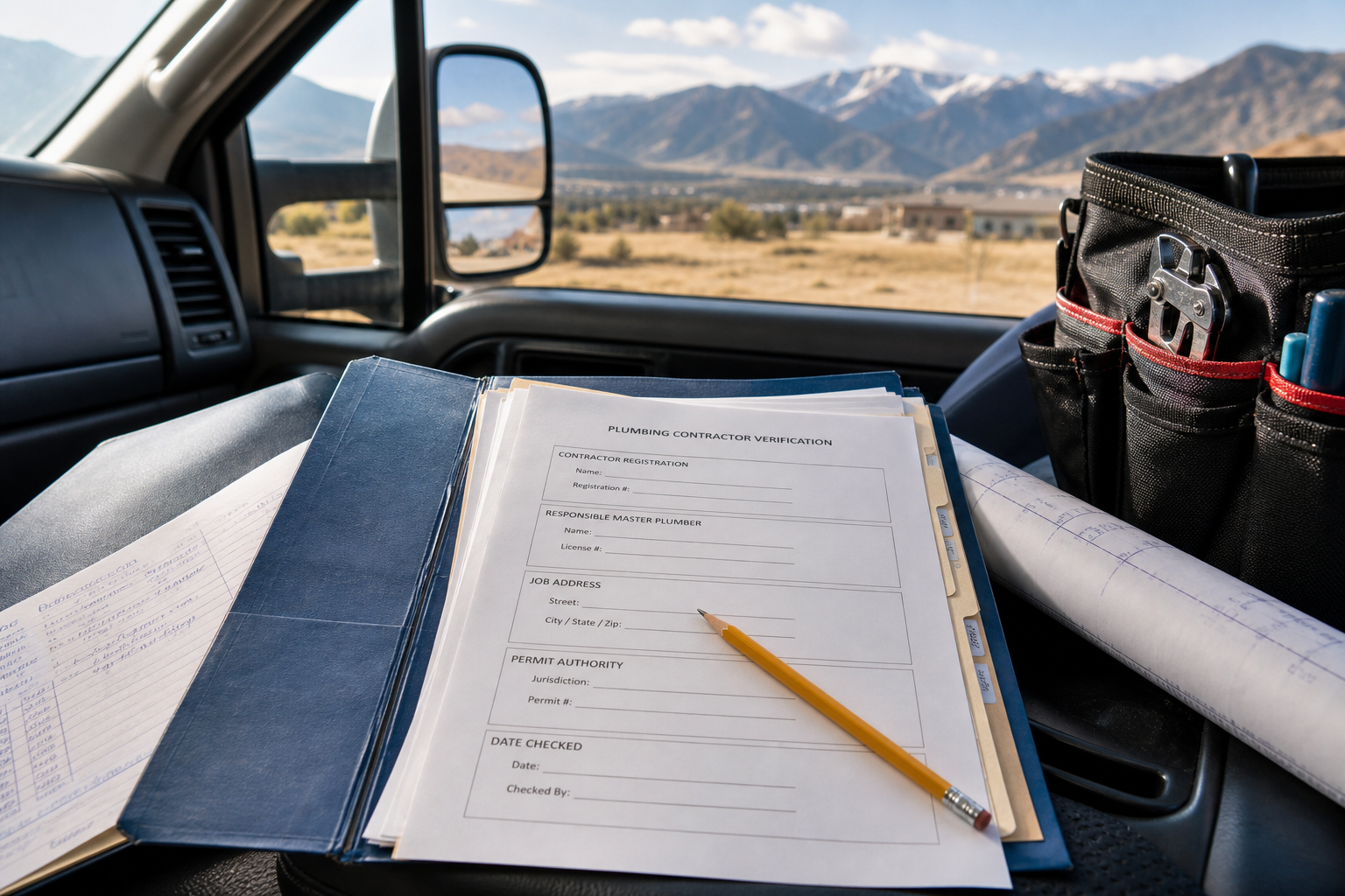A Colorado plumbing contractor verification folder showing registration, responsible master plumber and permit checklist placeholders.