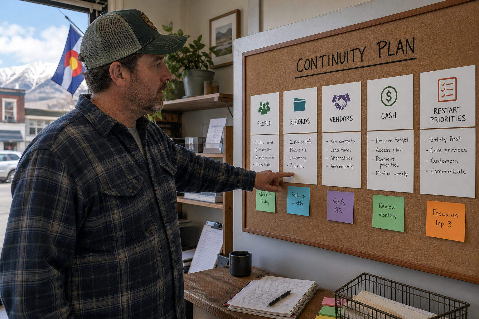 Colorado small business owner organizing people, records, vendors, cash and restart priorities on a continuity planning board.