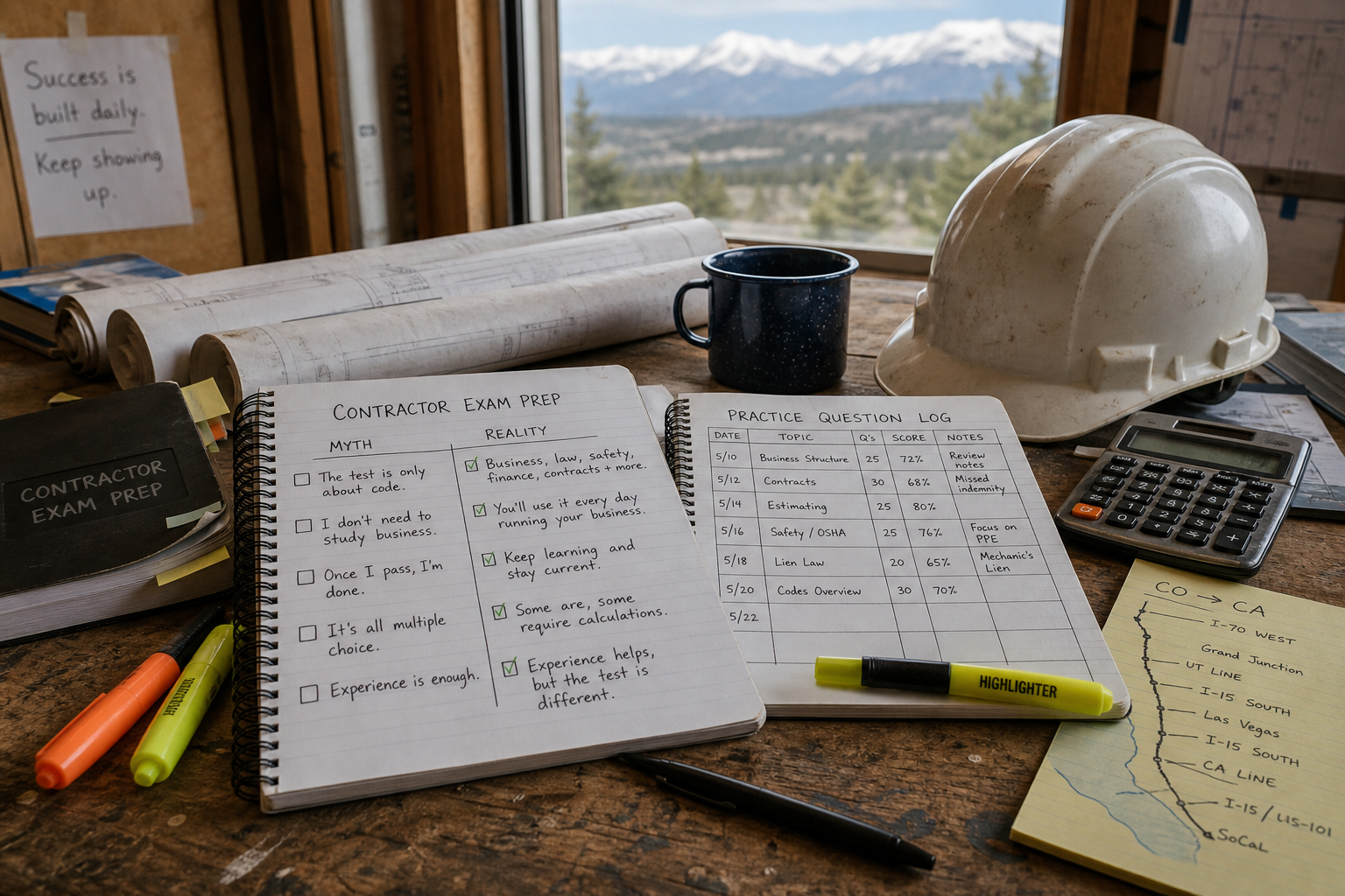 A contractor license exam prep checklist, practice log and plans are organized on a workbench.