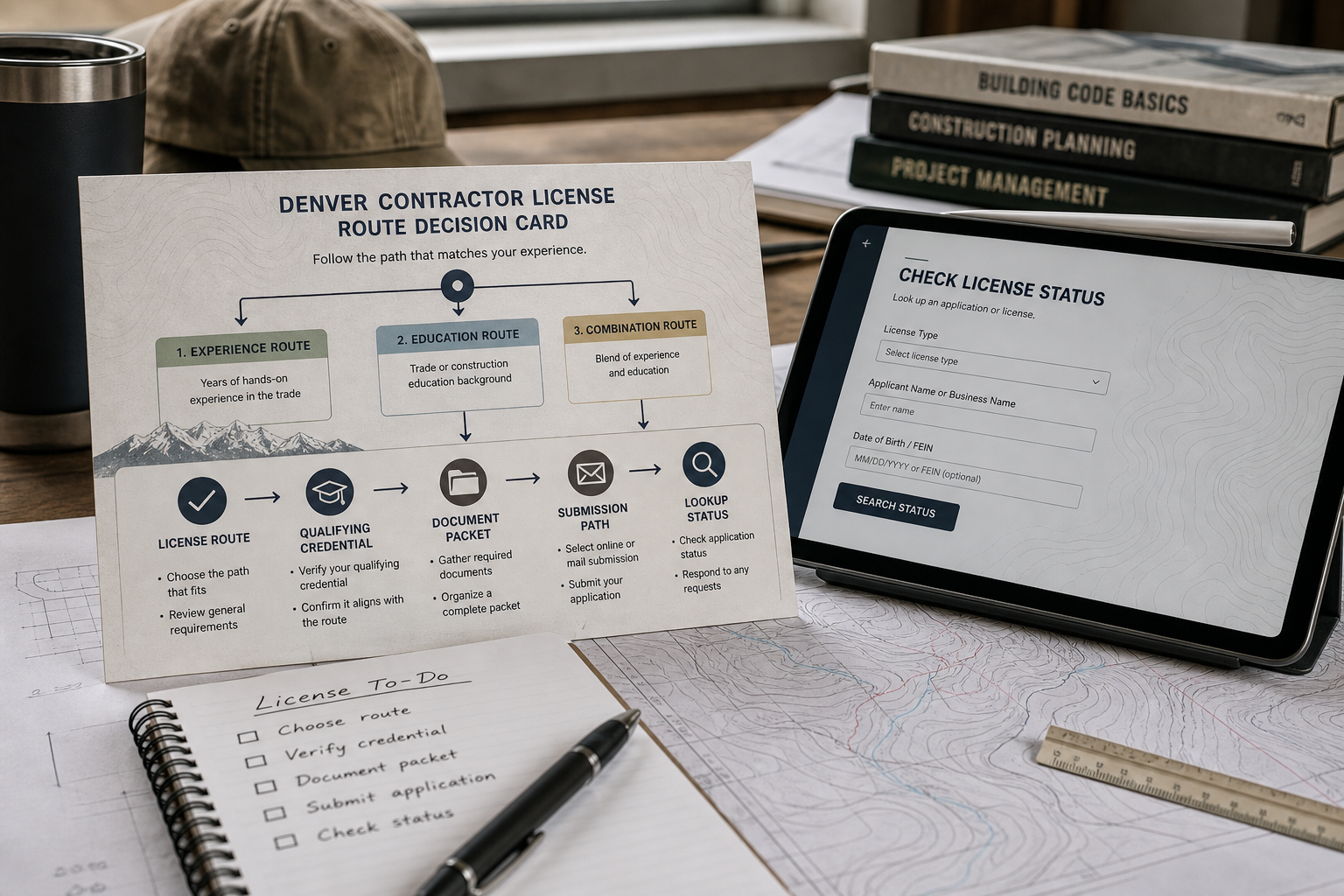 Branching Denver contractor license checklist with verification notes on a work desk.