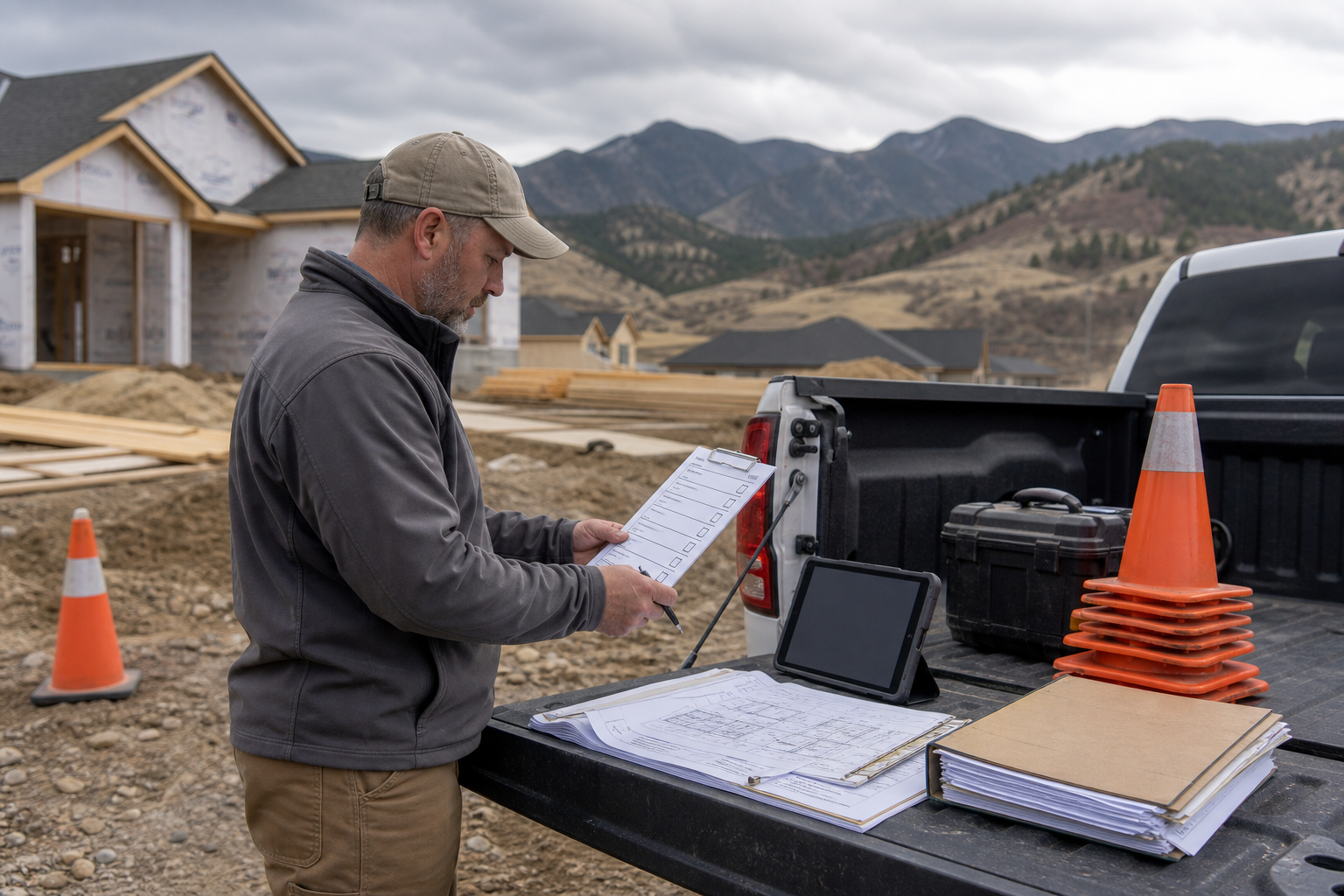 Contractor reviews a jobsite disruption checklist beside marked plans and safety cones at a paused Colorado worksite.