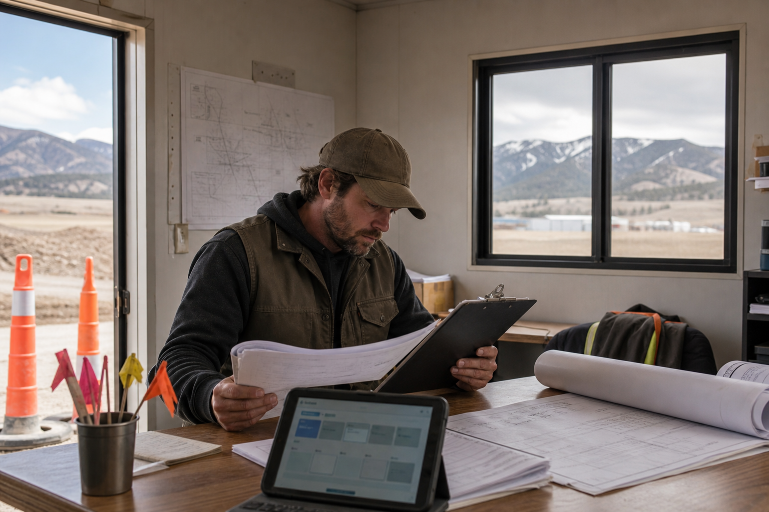 Contractor reviews permit and inspection delay notes with plans, checklist and safety cones in a Colorado job trailer.